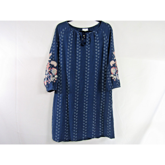 J. Jill Dresses & Skirts - J. Jill Blue Floral Dress sz M‎ Embroidery Tassel Boho Pockets Cruise Fairy